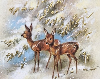 SALE Vintage Postcard. Happy New Year Postcard. French Postcard. Scrapbooking. Doe Illustration. Unused. Bonne Année Postcard. Gilded Postca
