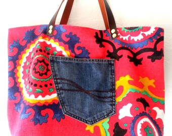 Red cotton canvas tote bag