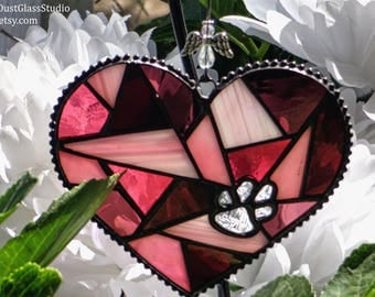 Pet Memorial Garden Stake in Stained Glass, "Forever in my Heart" Heart Shaped Suncatcher, Pet Grave Marker, Pet Loss Gift, 2pc