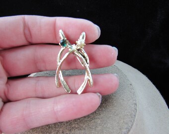 Vintage Faux Pearl & Green Rhinestone Double Wish Bone Pin