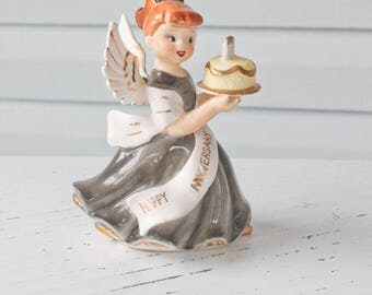 Vintage Happy Anniversary Angel Girl in Black Dress Holding Cake-6822-Lefton-Napco-Bride-Wedding-Party