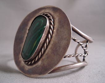 Huge Vintage Navajo Malachite Silver Wirling Bracelet Old