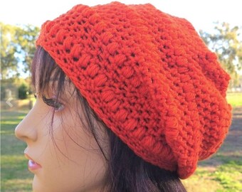 Orange Slouch Beanie, Slouchy Wool Hat, Womens Girls Warm Hat, Crochet Wool Beanie