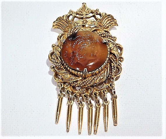 Florenza Intaglio Cameo Tassel Brooch Pendant Slag Art Glass Cabochon Victorian Revival Crown Mid Century 1960s 60s Jewelry Designer Signed