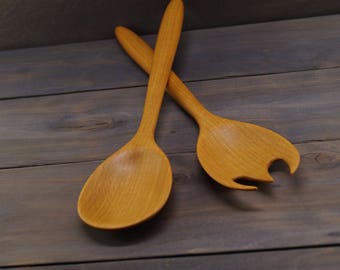 Handmade wooden salad servers set,wooden spoon,wood kitchen utensils,wooden fork,carving,wooden spoons,serving spoon,carved wood spoon,salad