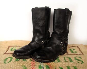Black Harness Motorcycle Boots – 1980s Vintage Made in USA - Durango Western Cowboy Red Wing Johnny Reb Style Size USm 10.5 USL 12 EU 44