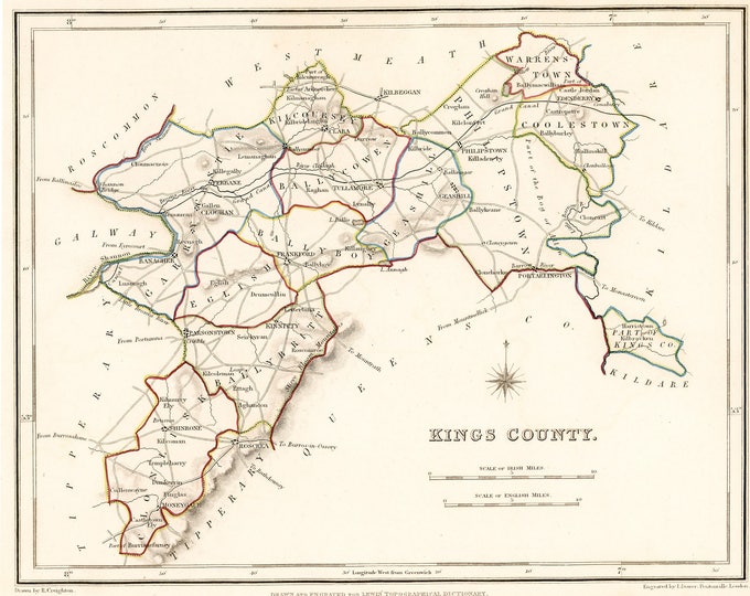 Irish Map - Kings County  / County Offaly Ireland - Antique Map 1837 - Free International Shipping