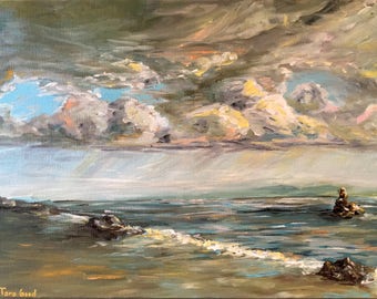 Beach at Sunset, Original Art, Art for Home, Ocean Painting, Small, Nature, Home Office, Original Painting