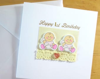 Twins first birthday card, Twin 1st birthday card, twin birthday cards, twin girls, twin boys, twins Card, twin birthday Card, Handmade card