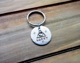 Personalized Pet ID Tag Deathly Hollows Charm - Harry Potter inspired - Hand stamped