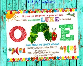 Very Hungry Caterpillar Birthday Invitation. Very Hungry Caterpillar First Birthday. Very Hungry Caterpillar Invitation