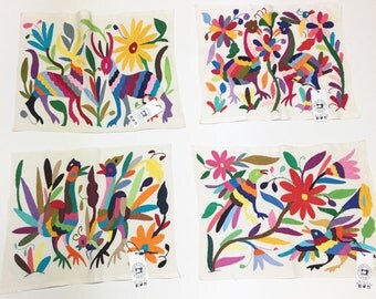 Multi-color Otomi Mexican Embroidered Textile. Casual Style, Hand-embroidery on Ivory Cotton