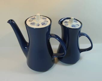 Vintage 1960's Poole Pottery Tea Coffee Pot and Milk/Water Jug in Morocco Pattern, Retro Blue and White Coffee Pot Tea Pot, Mid-Century