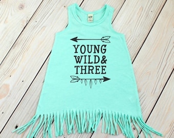 SUMMER SALE Young Wild and Three - Fringe Dress - Third Birthday - Swimsuit Coverup - Baby Fringe Dress - Toddler Fringe Dress - 3rd Birthd