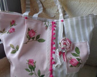 Tote bag in ticking and fabric Shabby rose
