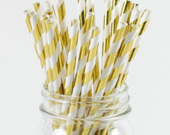 Paper Straws - Gold Foil Striped Straws - 8 Inches - Perfect for Parties, Events & More - Fast Shipping! Frozen Dessert Supplies