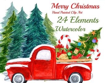SALE30% Watercolor Christmas Clipart: "CHRISTMAS TRUCK" Christmas Tree Kids Clipart Christmas Car Vintage Christmas Christmas Card Christmas