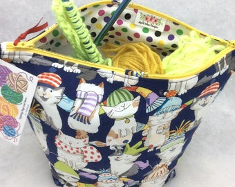 Knitting Project Bag, Pull Yarn Through Center, Cat Print Project Bag, Crochet Project Bag, Knitting Tote