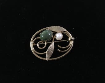 Vintage Sarah Coventry Brooch, Goldtone, Green and Pearl Like Stone!