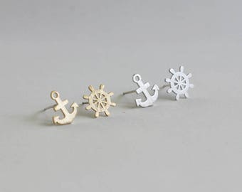Anchor and Helm Stud Earrings / nautical jewelry, nautical earrings, sailing earrings, navy earrings, asymmetrical studs / E0-37