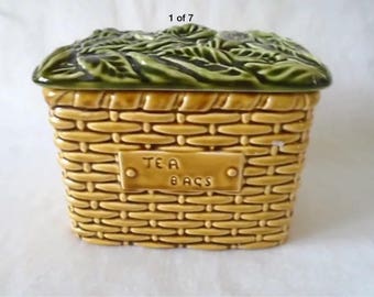 VINTAGE SYLVAC POTTERY 5038 tea bags basket container & lid