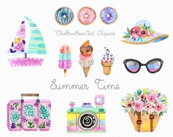 Watercolor summer clipart.Watercolor dessert clipart.beach clipart. Summer Hand paint clipart.Travel Clipart.holiday clipart. glitter flower