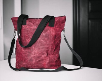 Tote Bag, Waxed canvas bag, Red bag, Raspberry bag, Cross body bag, Shoulder bag, Cotton bag, Shopping bag, Work bag, School bag, Unisex