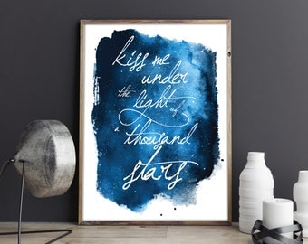 Kiss Me Under the Light of a Thousand Stars Ed Sheeran Thinking Out Loud Lyrics Watercolour Night Sky Couples Wall Art Anniversary Print