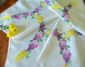 Hand Embroidered Beautiful "Wisteria" Vintage Linen Tablecloth