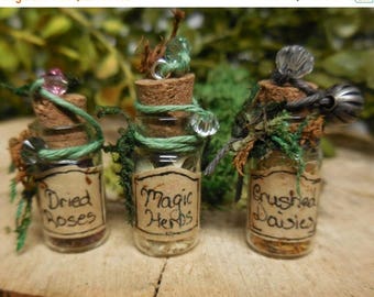 20% OFF STOREWIDE Fairy Garden Herbs for Magic Potions, Tiny Glass Bottles filled with dried flowers and leaves, Miniature Potion Bottles, F