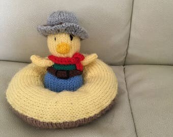 Quirky knitted duck and donut toy, animal toy, gift for children, cowboy, duck, doughnut, shelf sitter, novelty gift, ornament, handcrafted
