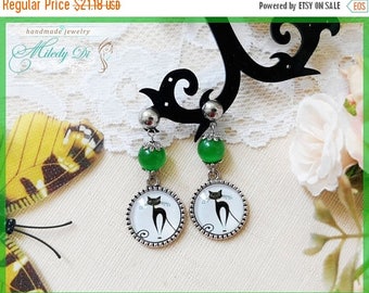 Sale Cat lover earrings gift for sister Cat eye jewelry Green stud earrings Cat cabochon earrings for girl Modern chandelier earrings