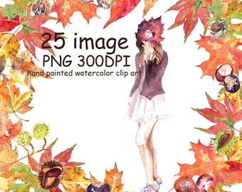 Weatercolor Autumn Leaves Clipart,Fall clipart set,Rainy Days Clipart,Autumn wearth ,Autumn shower