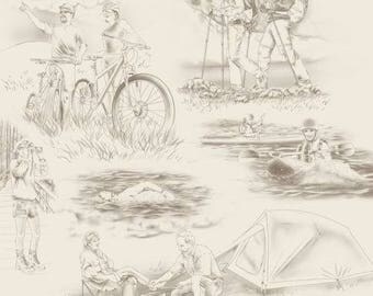 Quilting Treasures Our National Parks Scene Toile CREAM - Hiking, Camping, Bikes 100% cotton Fabric by the yard 36"x43" (QT13)