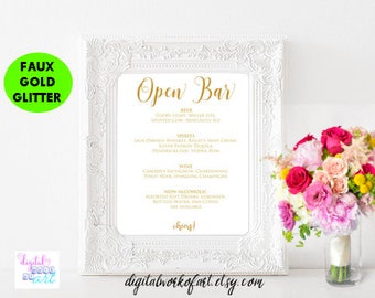 Open Bar Menu Sign Template, DIY Wedding Bar Menu Printable Sign, Drinks Menu, Wedding Menu Sign, Open Bar Menu Sign, PDF Instant Download