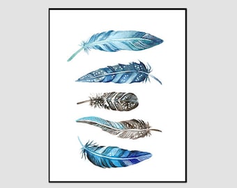 Feather Print, Blue Feathers, Blue and Grey, Feather Wall Art, Instant Download, Printable Feathers, Feather Painting, Feathers Watercolor