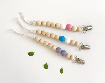 SAMPLE SALE! Wooden pacifier clip Crochet wood pacifier holder Wood beads Baby shower gift Dummy chain holder Leather pacifier clip Baby acc