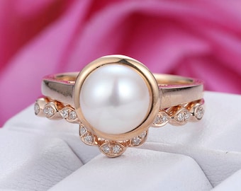 akoya pearl engagement ring set14k rose gold bridal wedding ringbirthday gift - Pearl Wedding Ring Sets akoya pearl engagement ring set14k rose gold bridal wedding ringbirthday gift - Pearl Wedding Ring Sets