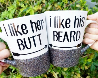 Beard and Butt Set // I like Her Butt Mug like His Beard Mug // His and Hers Mugs // Just Married Gift // Funny Mugs // Engagement Gift