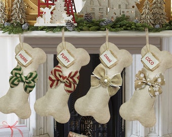 Personalized Dog Bone Christmas Stockings, Burlap Stocking, Dog Stocking, Customized Christmas Stocking, Family Christmas Stocking.