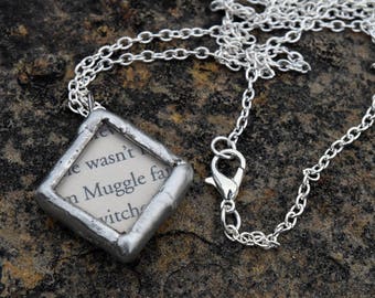Harry Potter Upcycled Book Pages Solder and Glass Necklace - Muggle/wizards