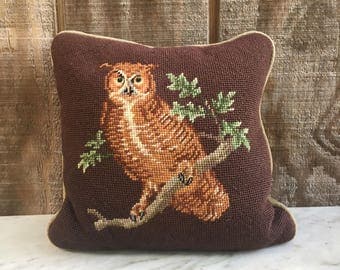 Vintage Owl Needlepoint Throw Pillow // Handmade Owl Pillow // 1970's