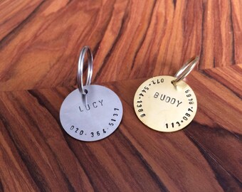Personalized Hand Stamped Dog Tag, Custom Pet ID, Dog ID Tag , Dog Collar Name Tag , Metal Pet Tag, Brass Dog Tag, Silver Dog Tag