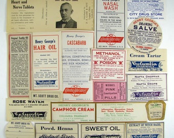 19 Drug Store Labels, Poison, QUACK Medicine, METHANOL, Paper Ephemera, Old Labels, pharmacy drugstore bottle, Rose Water, Cascara, Camphor