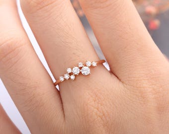 Engagement Ring Rose Gold Cluster engagement ring Unique engagement ring Diamond engagement ring Delicate Mini Diamond Wedding bands Women