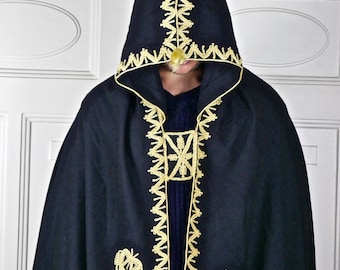Moroccan Vintage Hooded Cape Cloak, Black Fine Wool w Gold Embroidery and Tassle Salham Cosplay Wizard Cape