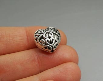 SET of 10 silver beads heart love ethnic (F46)