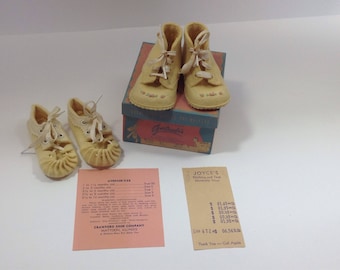 Vintage Infant Crib Shoes Yellow Wool with embroidery