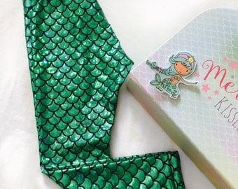 Girls Foil Print Mermaid Leggings - Holographic Green Flake - Scale Print Leggings - Sizes Prem - 14 Years - Ariel Dress Up - Under The Sea