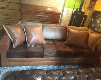 Mid Century Sofa Designer Ostrich Print Leather and Brazilian Steel Hide